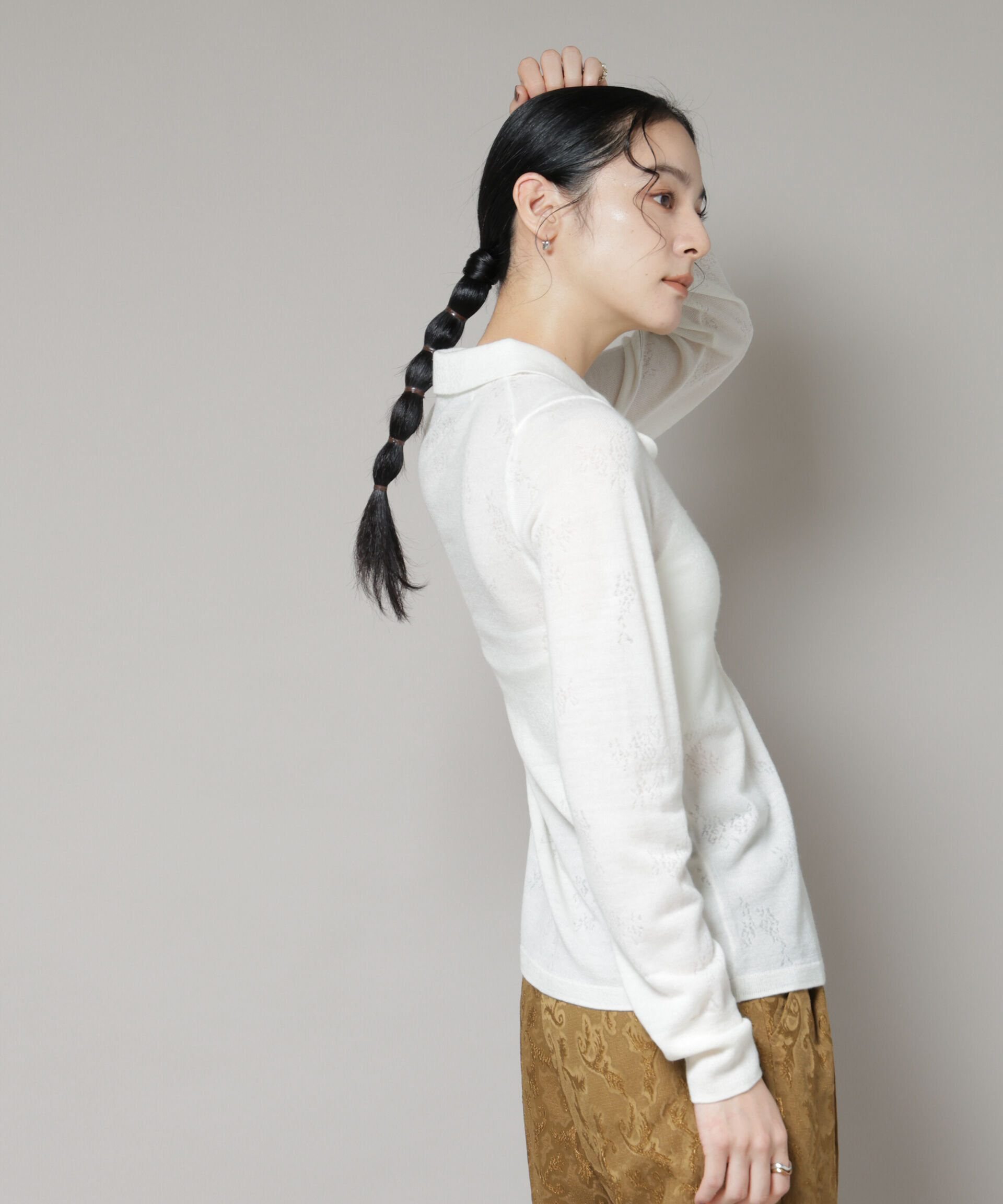 nano･universe「レースジャカード長袖ポロカーディガン」|ニット・セーター|