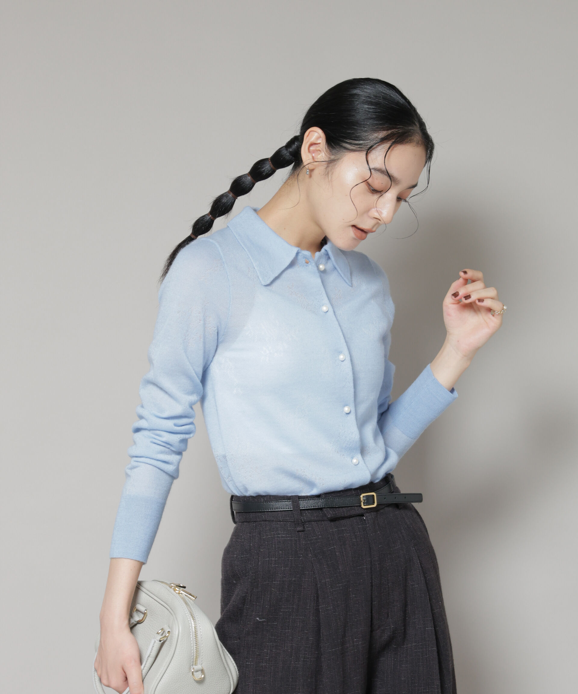 nano･universe「レースジャカード長袖ポロカーディガン」|ニット・セーター|