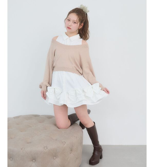  「ニット&times;リボンシャツミニワンピ」|ワンピース|