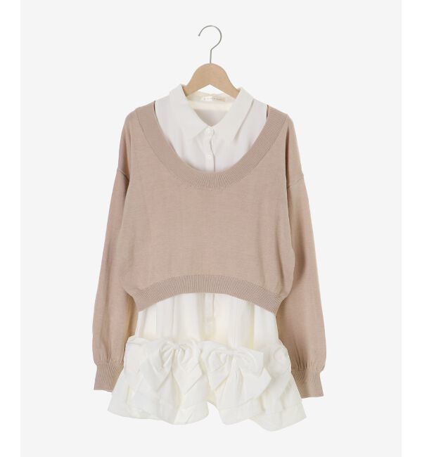  「ニット&times;リボンシャツミニワンピ」|ワンピース|