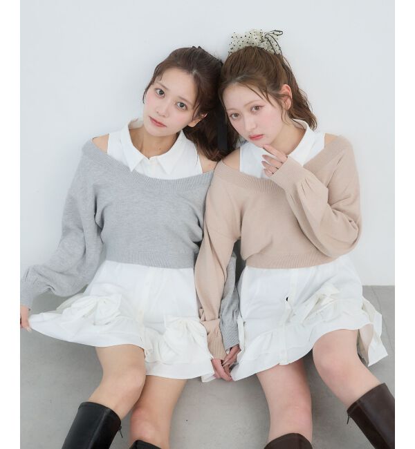 「ニット&times;リボンシャツミニワンピ」|ワンピース|