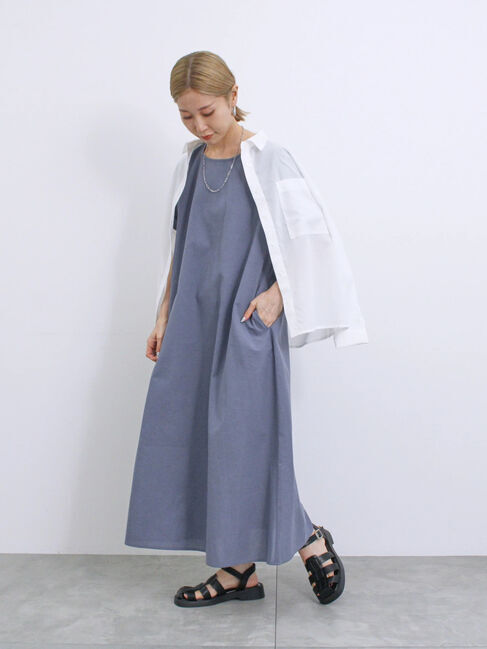 Samansa Mos2 blue「【イージーケア】リネン混マキシフレアワンピース」|ワンピース|