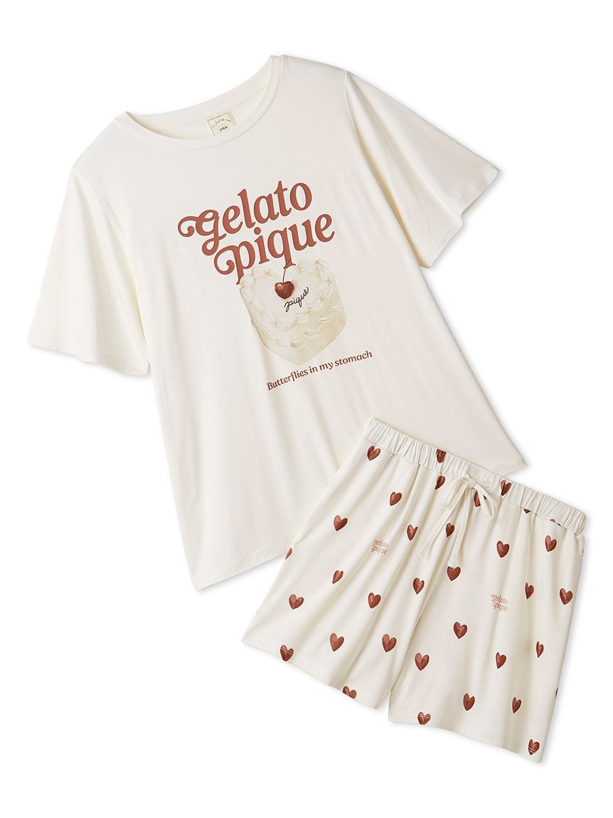 gelato pique「【ONLINE限定】【接触冷感】ケーキワンポイントTシャツ&ハート柄ショートパンツセット」|ルームウェア|