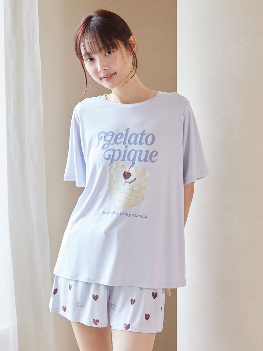gelato pique「【ONLINE限定】【接触冷感】ケーキワンポイントTシャツ&ハート柄ショートパンツセット」|ルームウェア|