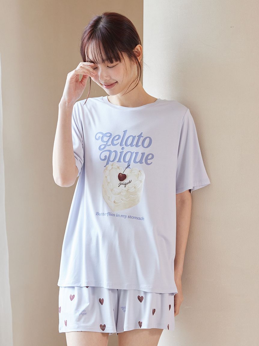 gelato pique「【ONLINE限定】【接触冷感】ケーキワンポイントTシャツ&ハート柄ショートパンツセット」|ルームウェア|
