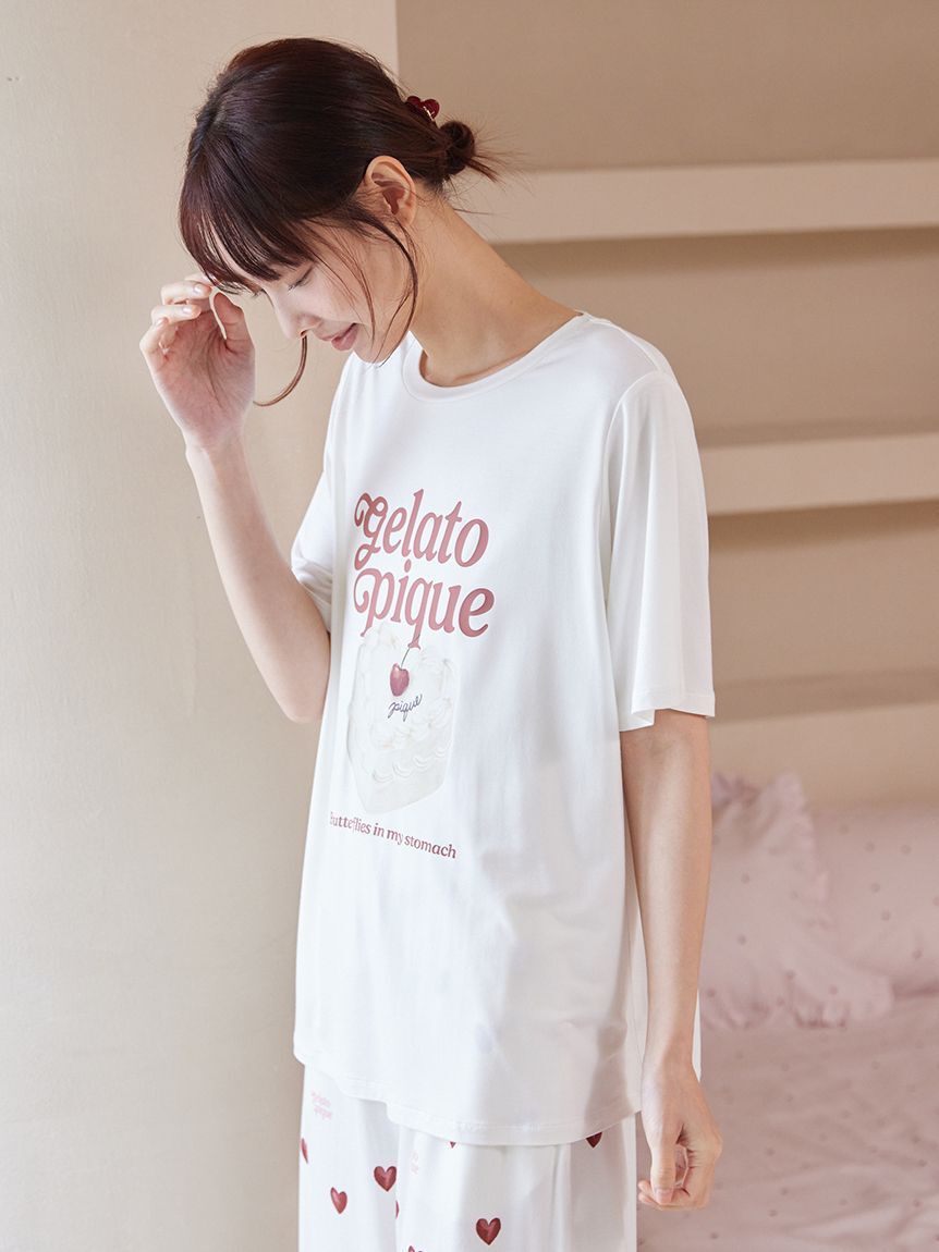 gelato pique「【ONLINE限定】【接触冷感】ケーキワンポイントTシャツ&ハート柄ショートパンツセット」|ルームウェア|