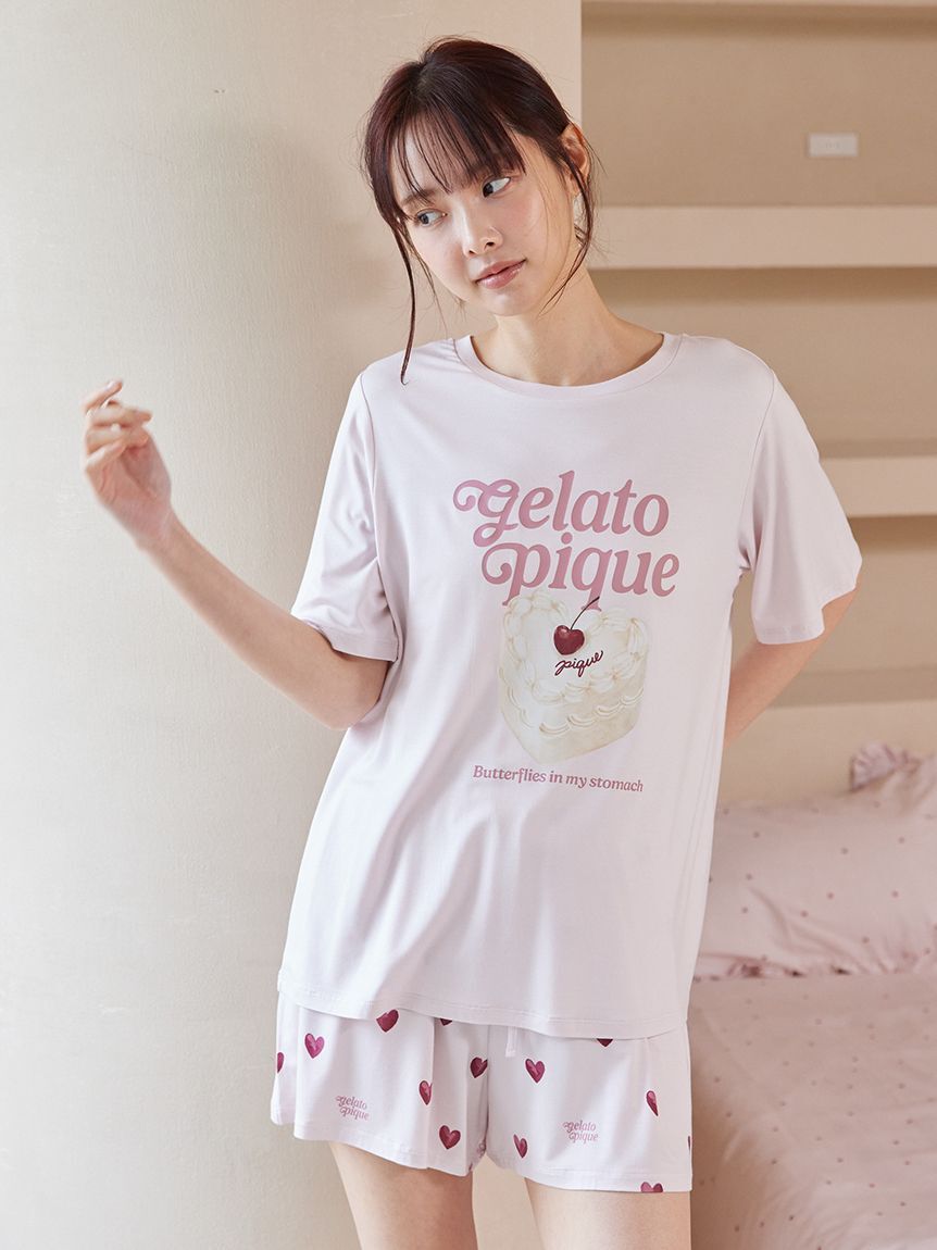 gelato pique「【ONLINE限定】【接触冷感】ケーキワンポイントTシャツ&ハート柄ロングパンツセット」|ルームウェア|