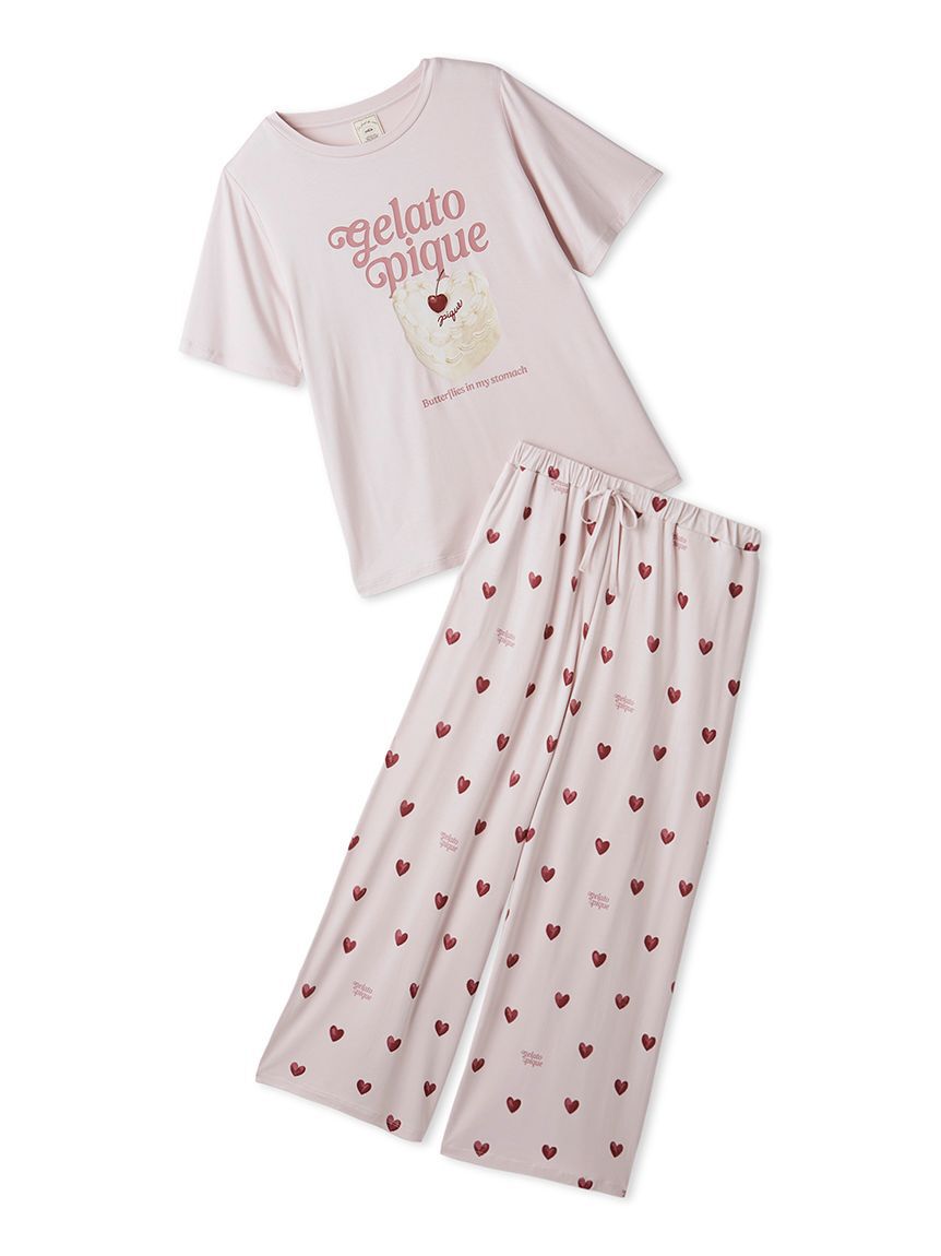 gelato pique「【ONLINE限定】【接触冷感】ケーキワンポイントTシャツ&ハート柄ロングパンツセット」|ルームウェア|PNK