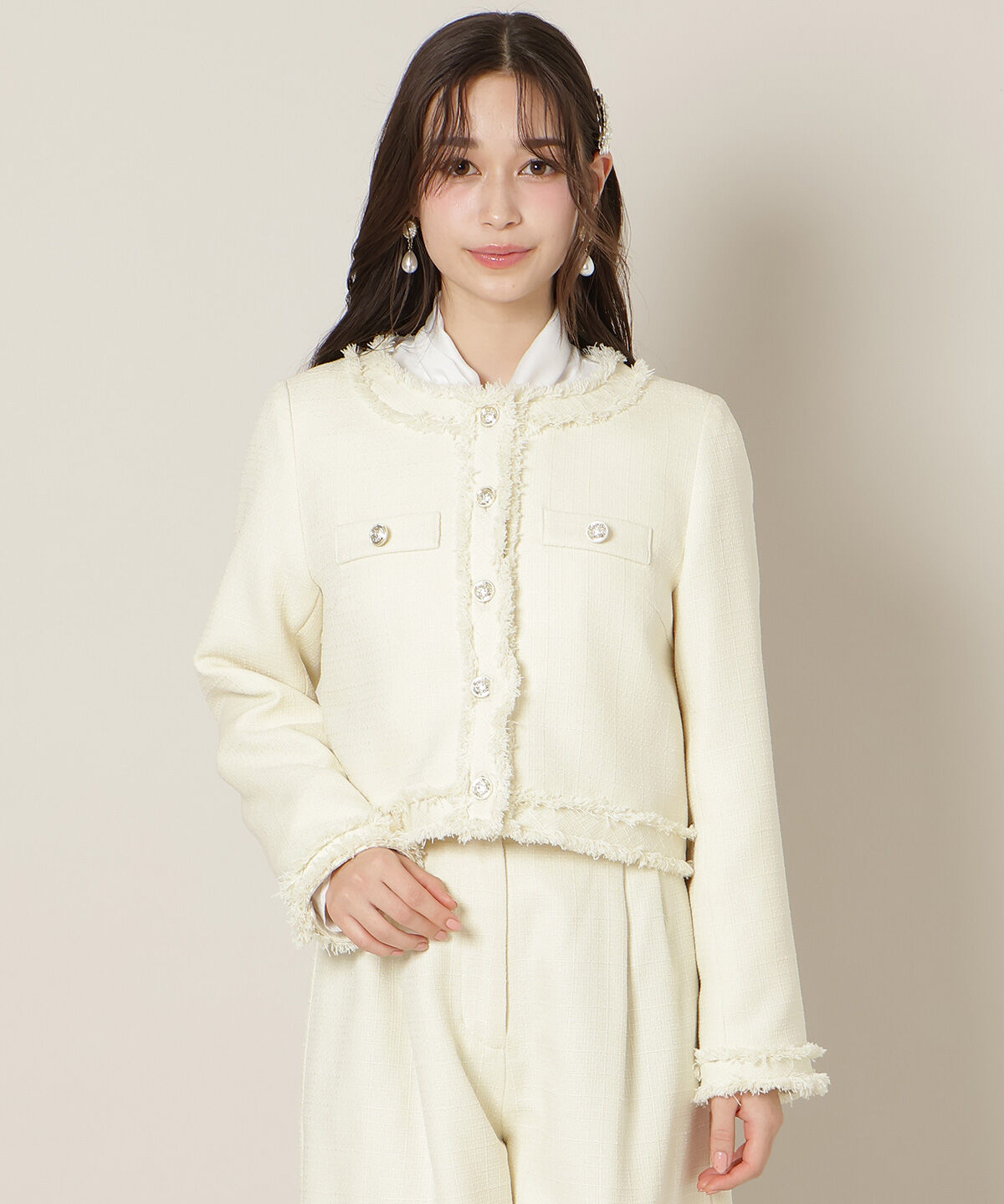 WILLSELECTION「ノーカラーフリンジツイードジャケット」|ノーカラージャケット|