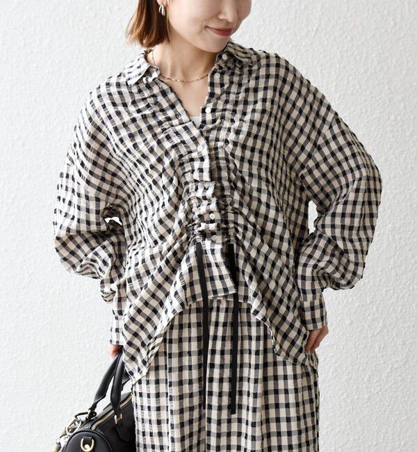 SHIPS any「SHIPS any:〈洗濯機可能〉ギンガムチェック サッカー ドロスト シャツ ブラウス」|シャツ・ブラウス|ブラック