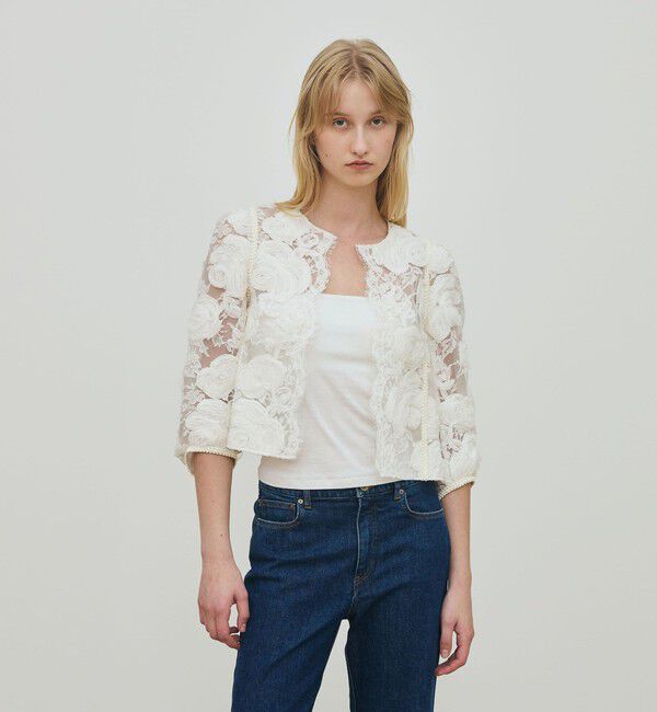 DES PRES「リバーレース クロップドジャケット」|ノーカラージャケット|