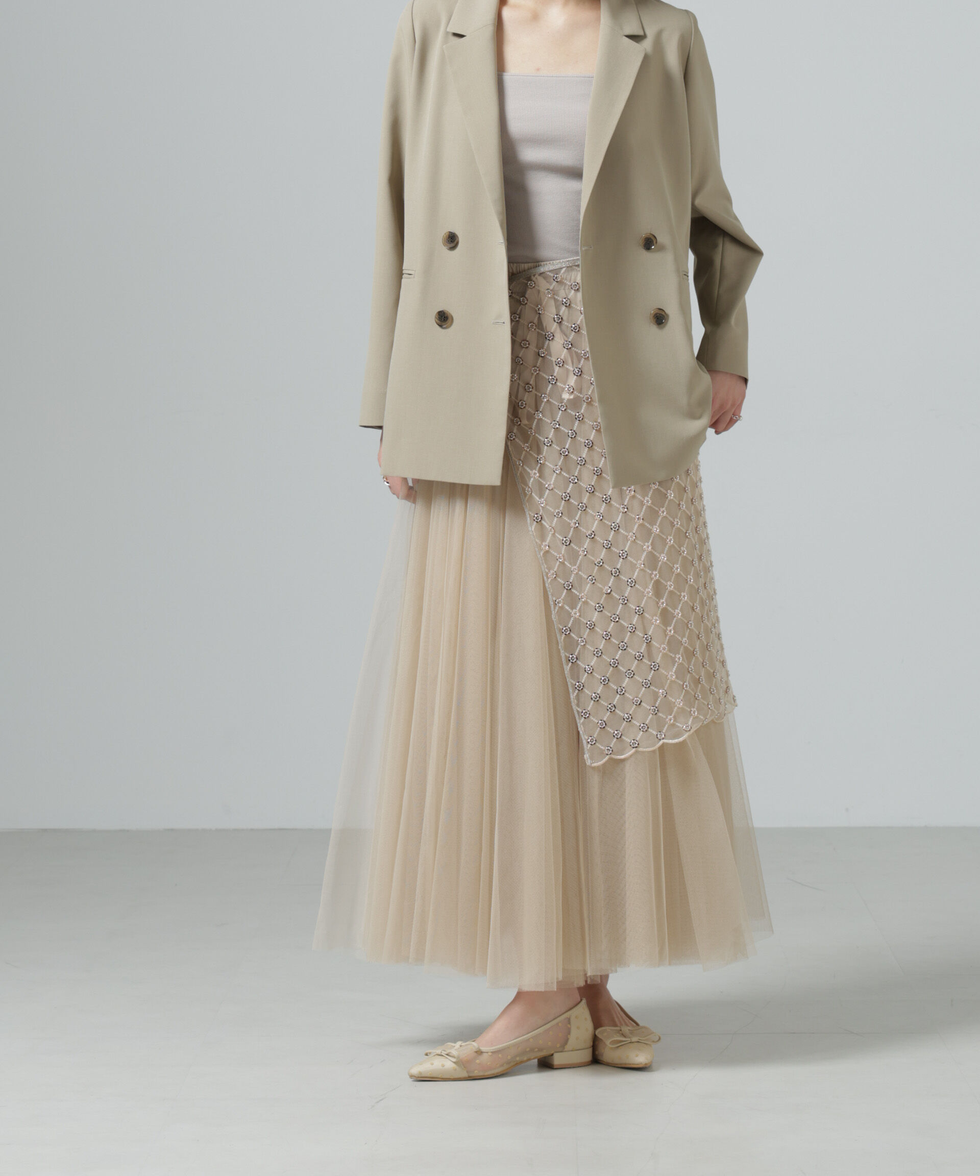 nano･universe「スパンコールビーズ刺繍ラップスカート」|スカート|ベージュ