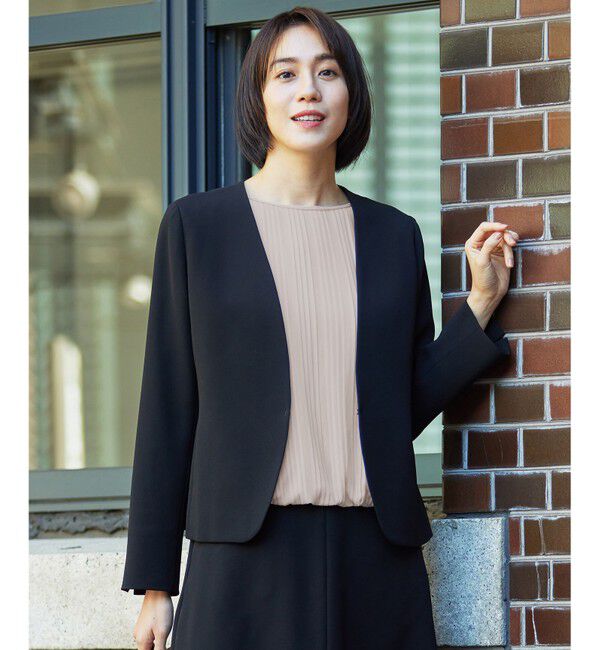 自由区「【ご好評アイテム・セットアップ対応・セレモニー・通勤】トリアセダブルクロスノーカラー ジャケット」|ノーカラージャケット|ブラック