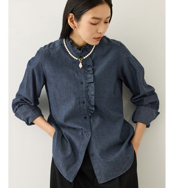ROPE「テンセルデニムスタンドフリルシャツ/イージーケア・セットアップ対応」|シャツ・ブラウス|
