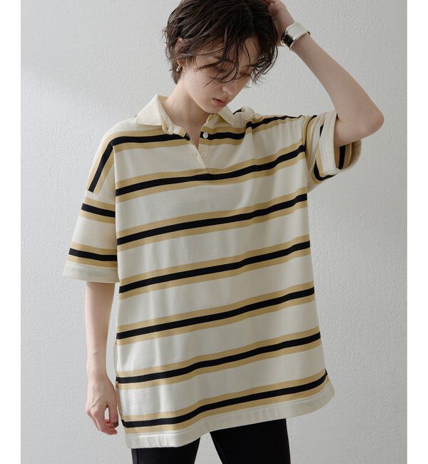 THE PAUSE「【THE PAUSE】ボーダーBIGポロシャツ」|Tシャツ・カットソー|ベージュ