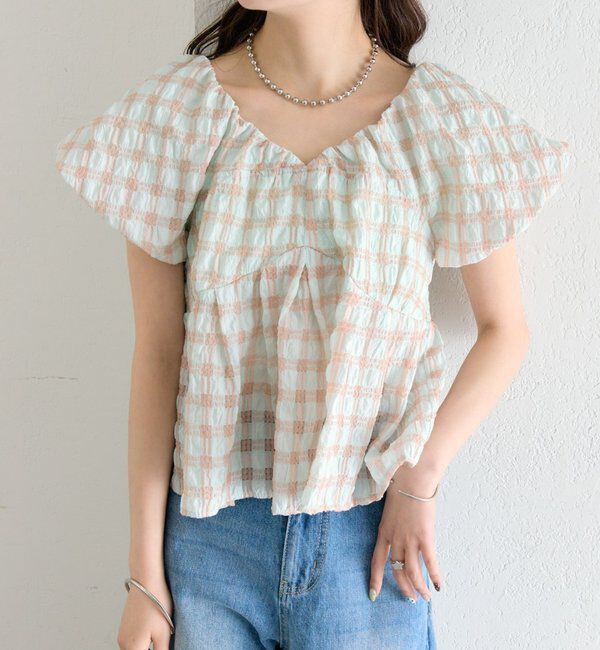  「チェックパフブラウス」|シャツ・ブラウス|グリーン