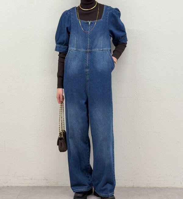  「デニムパフオールインワン」|ワンピース|ブルー