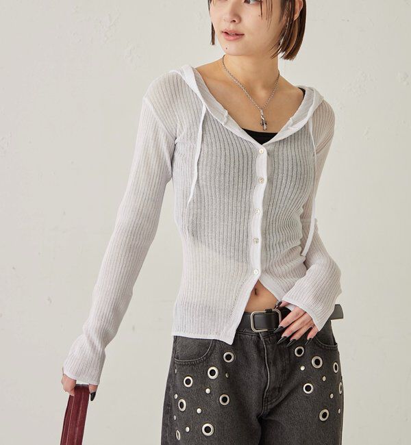  「シアーリブニットナローフーディ」|カーディガン|