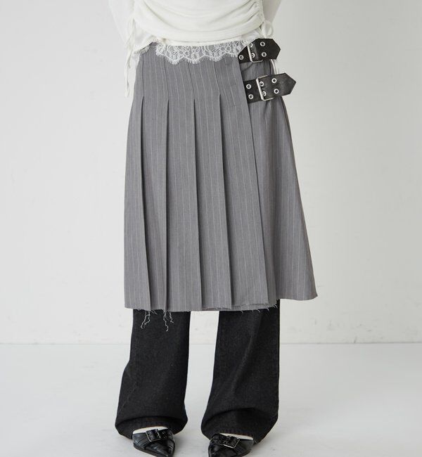  「ダブルベルトミディプリーツスカート」|スカート|グレー