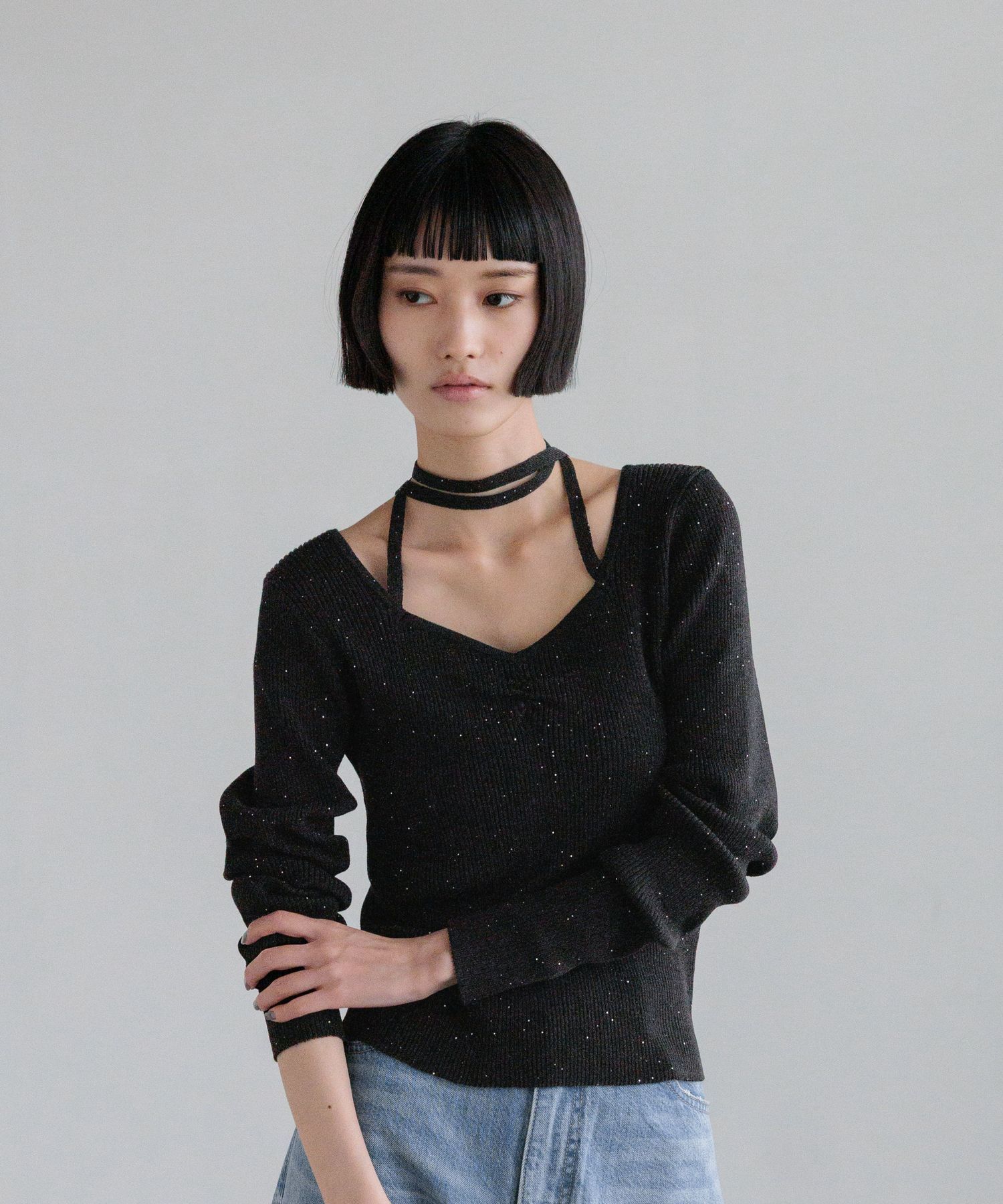 LOWRYS FARM「ギャザースパンコールニット」|ニット・セーター|BLK