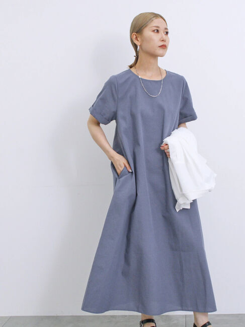 Samansa Mos2 blue「【イージーケア】リネン混マキシフレアワンピース」|ワンピース|