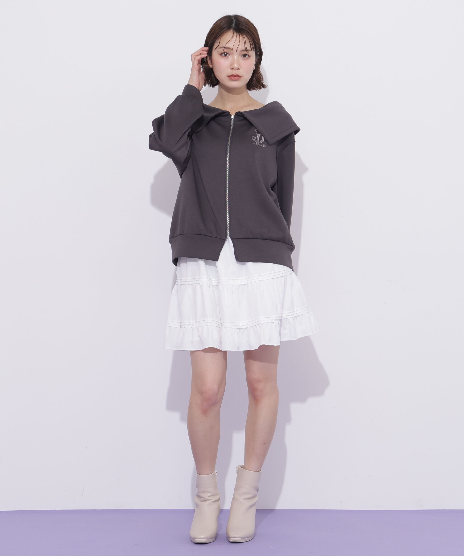  「ビッグカラーパーカーティアードミニスカートセット」|ワンピース|