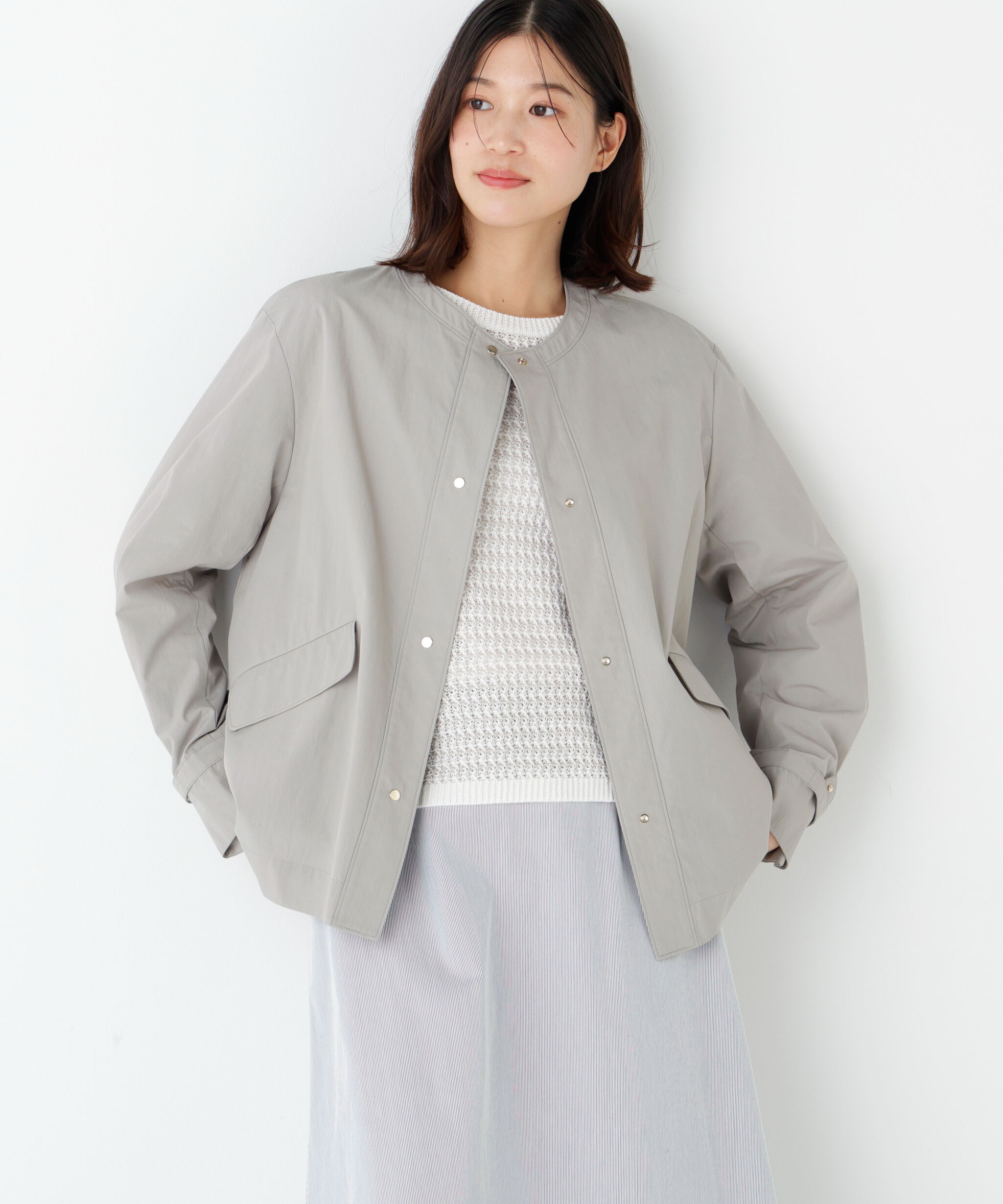  「◆《ウォッシャブル》綿ナイロンダンプノーカラージャケット」|ブルゾン・スタジャン|セージグリー