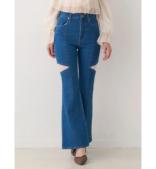 MERCURYDUO「レーストリミングカットアウトデニムパンツ」|デニム|ブルー