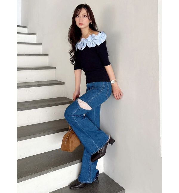 MERCURYDUO「レーストリミングカットアウトデニムパンツ」|デニム|