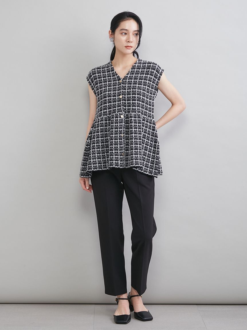 Mila Owen「ペプラムデザインＶネックツィードベスト」|ダウンベスト・ベスト|