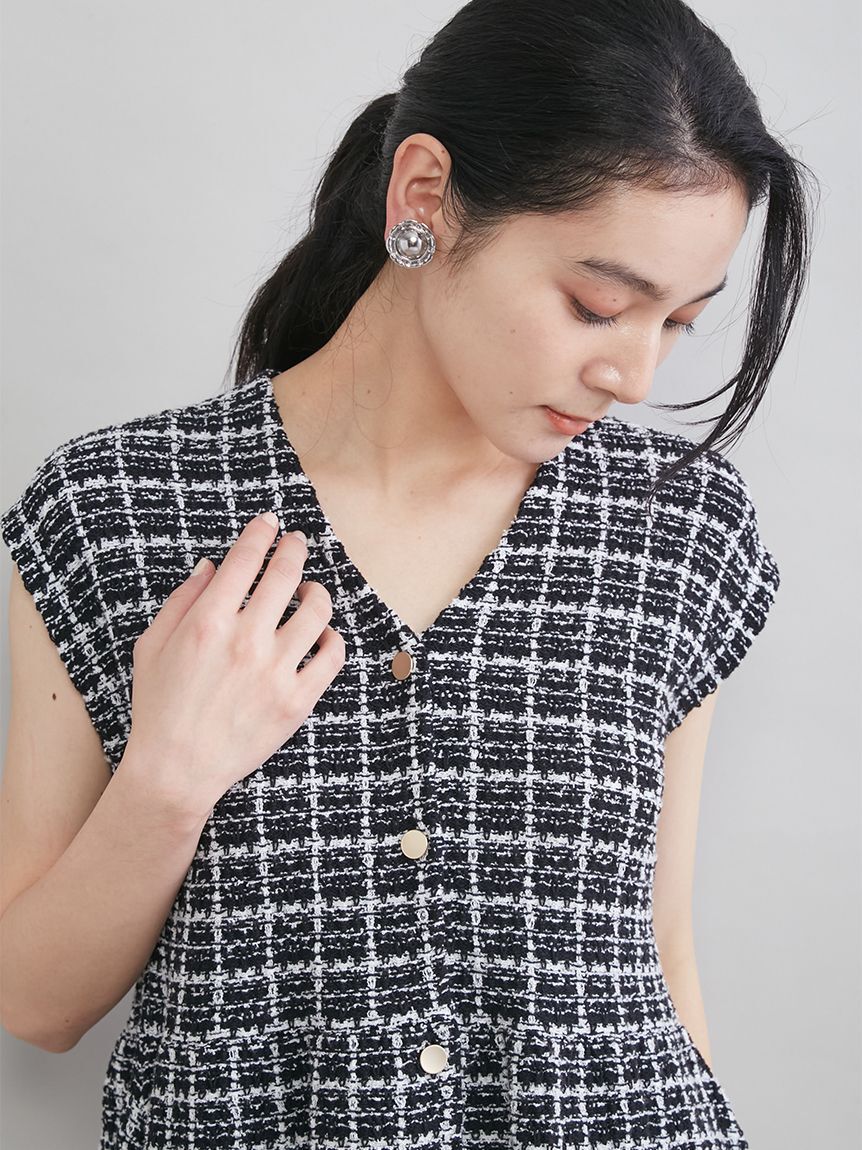 Mila Owen「ペプラムデザインＶネックツィードベスト」|ダウンベスト・ベスト|