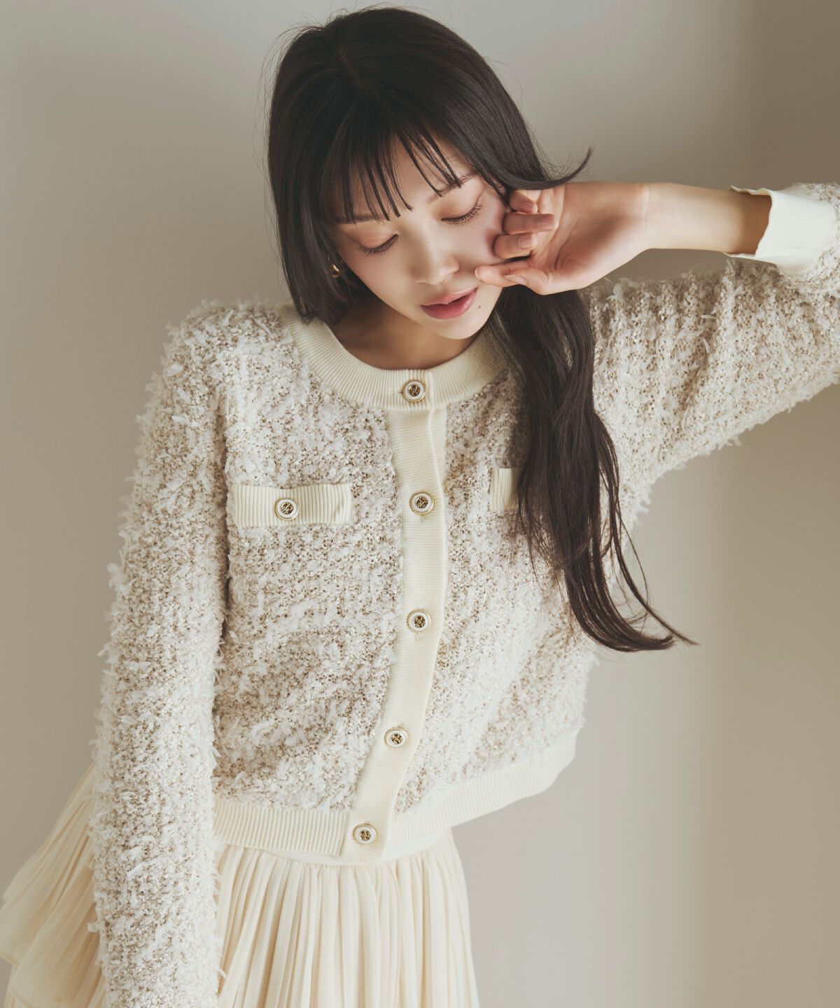 アンドクチュール「ラメ入りツイード調ニットカーディガン」|カーディガン|