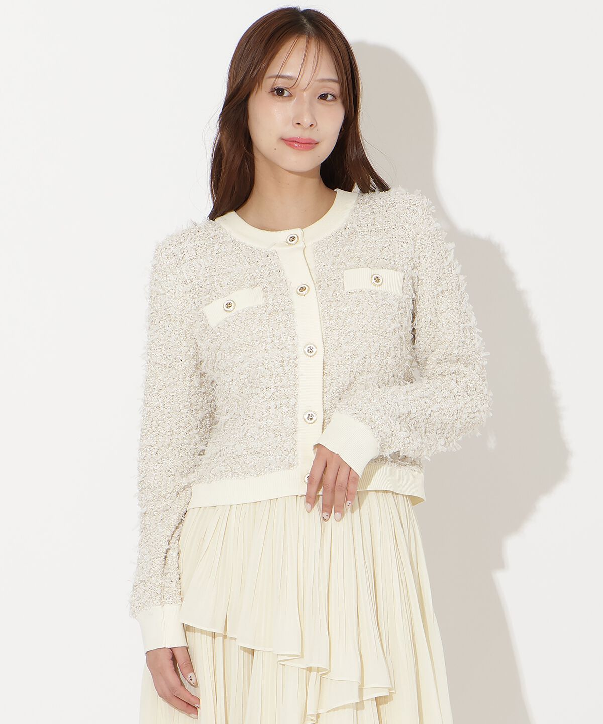 アンドクチュール「ラメ入りツイード調ニットカーディガン」|カーディガン|