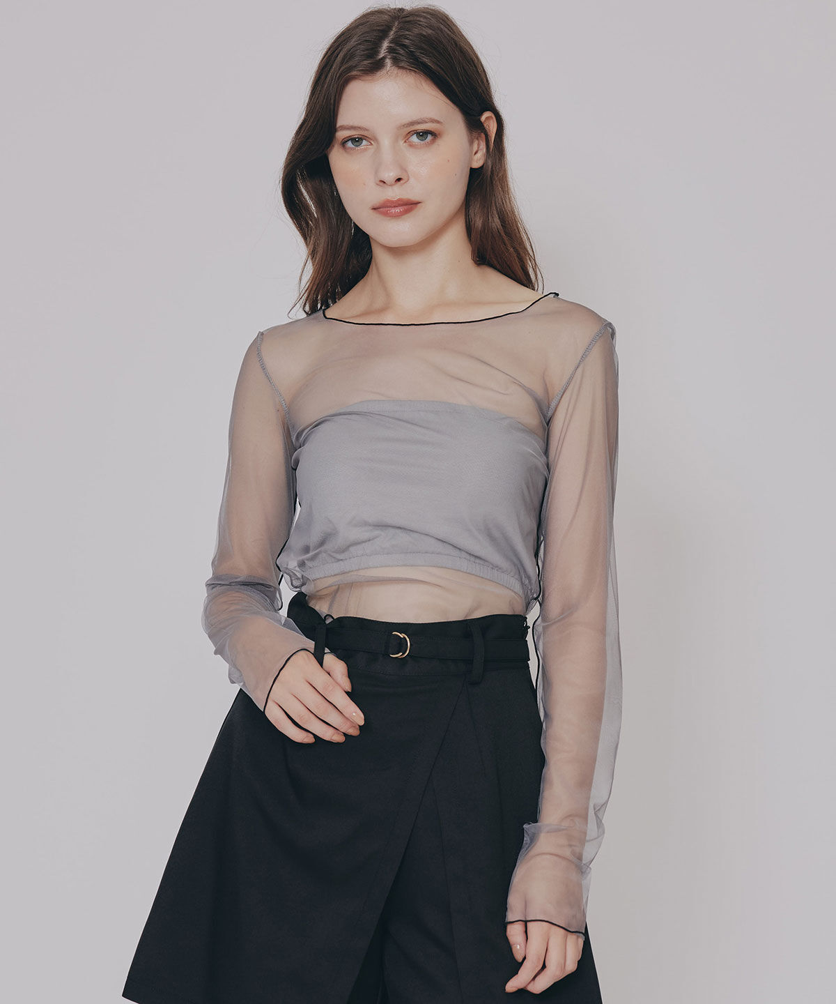 REDYAZEL「バイカラーメロウチュールトップス&times;ベアトップ」|Tシャツ・カットソー|グレー