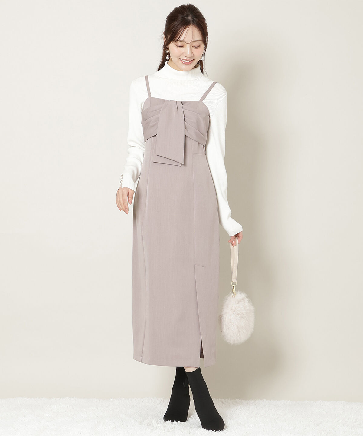 WILLSELECTION「リボンデザインIラインワンピース」|ワンピース|茶系幾何､ﾊﾟﾈﾙ柄