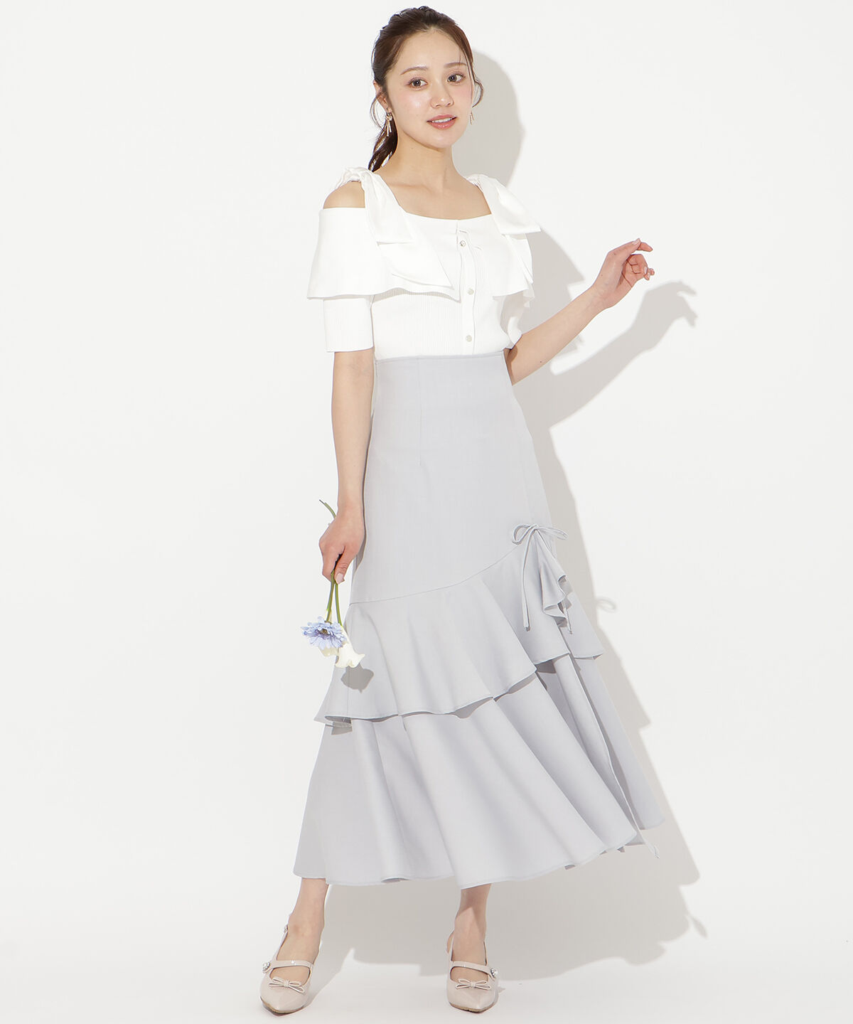 WILLSELECTION「スリットデザインラッフルリボンスカート」|フレア|サックス