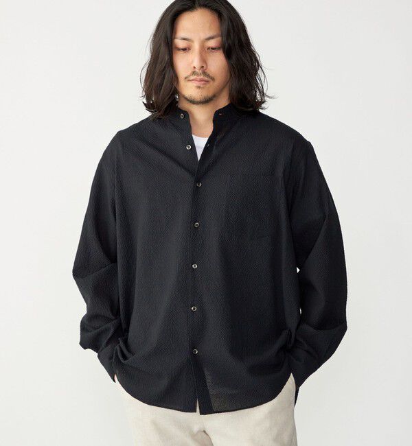 SHIPS「SHIPS: エアー サッカー バンドカラー リラックス 長袖 シャツ〈単色／チェック〉」|シャツ・ブラウス|ブラック