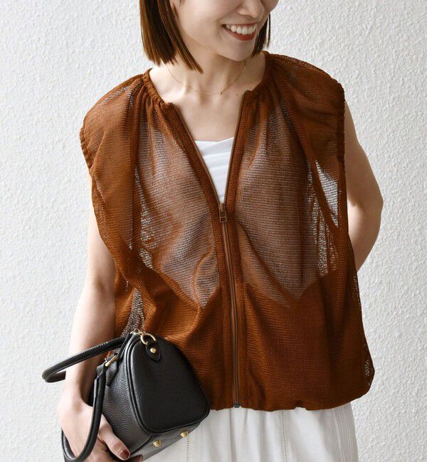 SHIPS any「SHIPS any:〈手洗い可能〉メッシュ シアー ドロスト ギャザー ノースリーブ ベスト」|ベスト・ジレ|