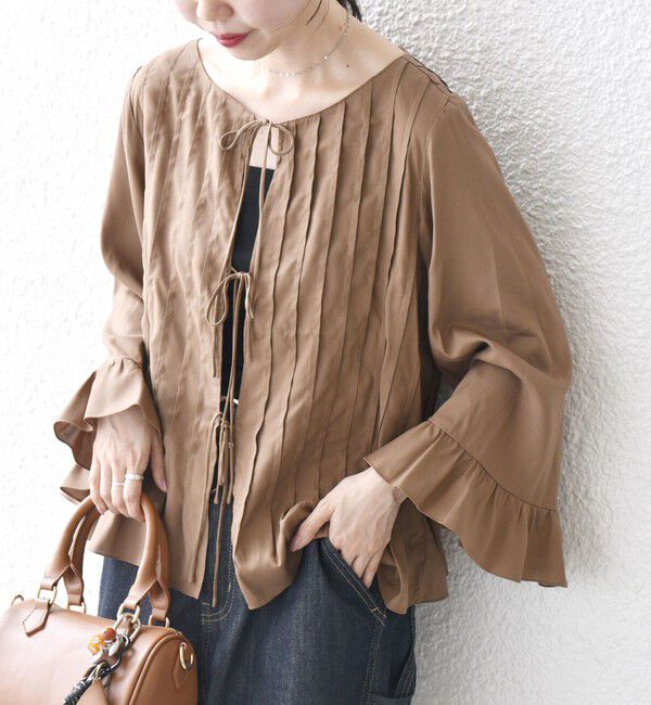 SHIPS any「SHIPS any:〈洗濯機可能〉ラッフル リボン ピンタック フレアスリーブ ブラウス」|シャツ・ブラウス|ブラウン