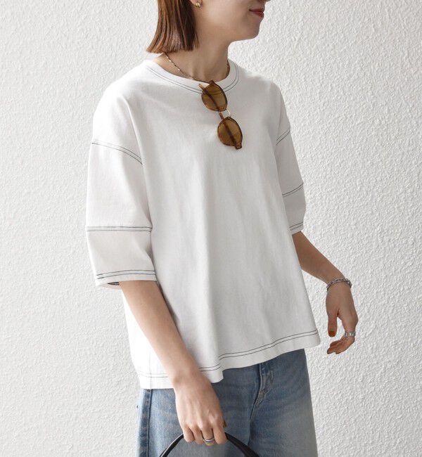 SHIPS any「《予約》SHIPS any:〈抗菌防臭/洗濯機可能〉USAコットン 配色 ステッチ ワイド TEE」|Tシャツ・カットソー|