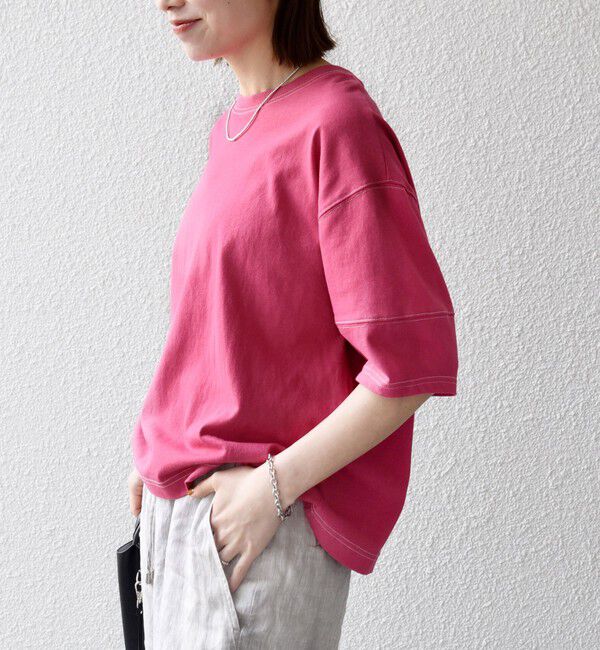 SHIPS any「《予約》SHIPS any:〈抗菌防臭/洗濯機可能〉USAコットン 配色 ステッチ ワイド TEE」|Tシャツ・カットソー|ピンク