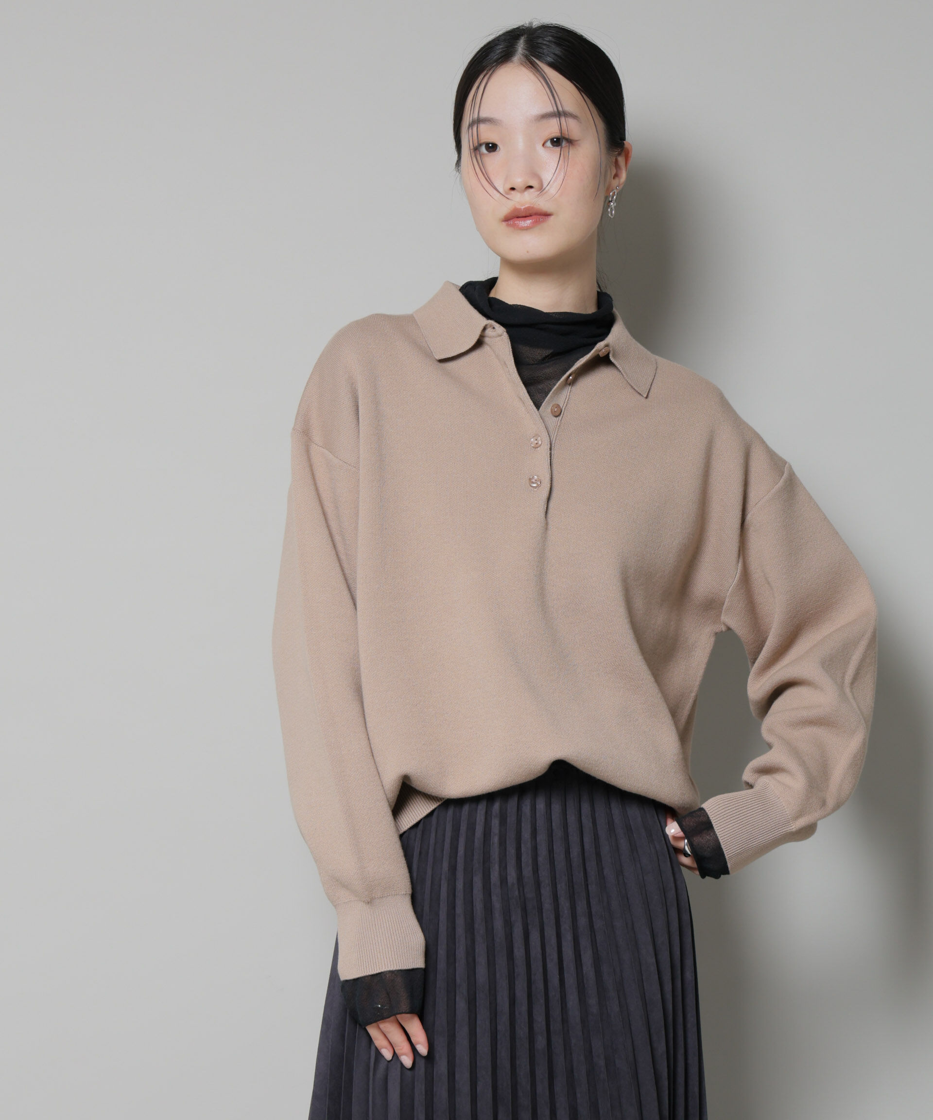 nano･universe「スウェットライク衿付きボタンニット」|ニット・セーター|