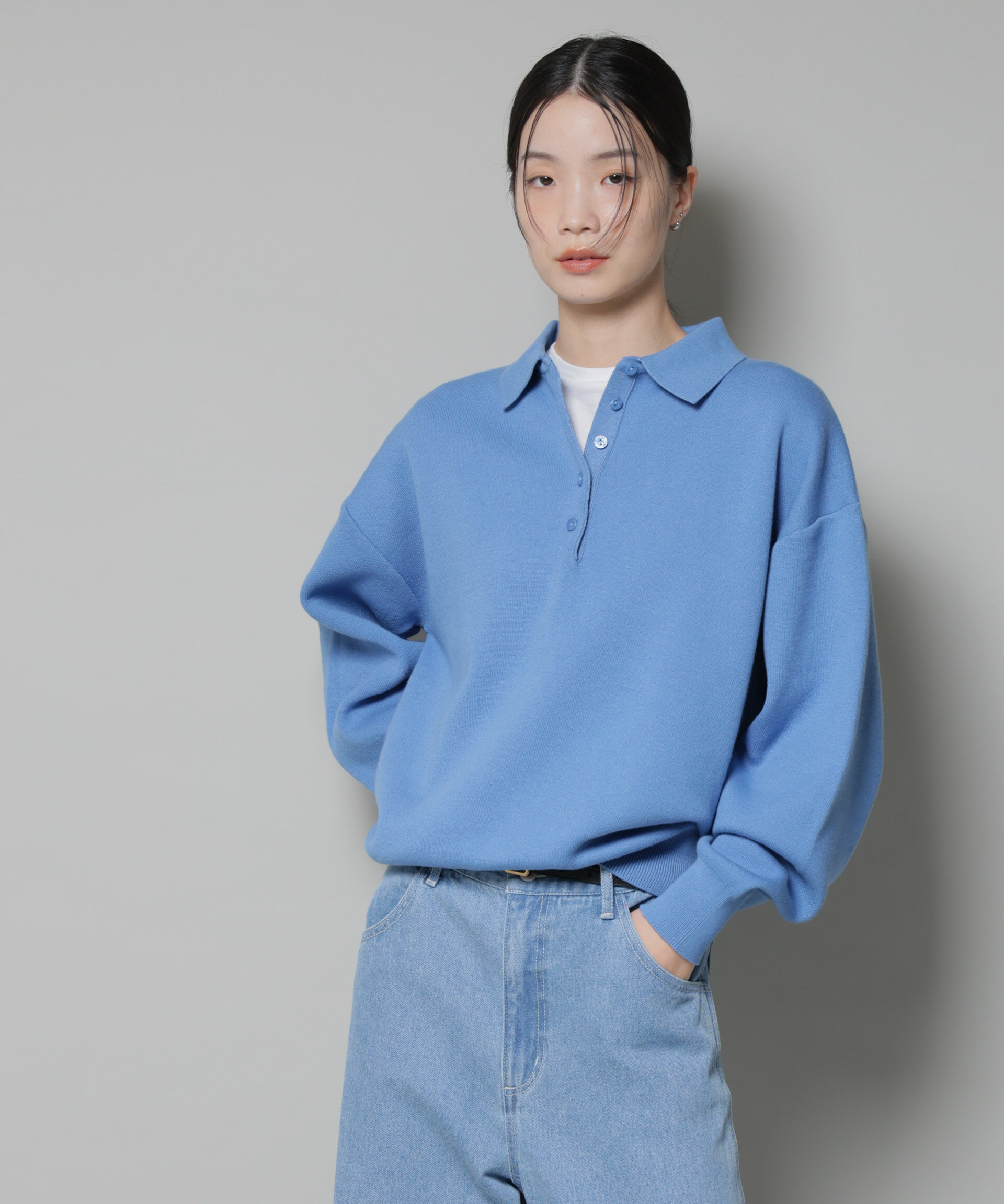 nano･universe「スウェットライク衿付きボタンニット」|ニット・セーター|ブルー