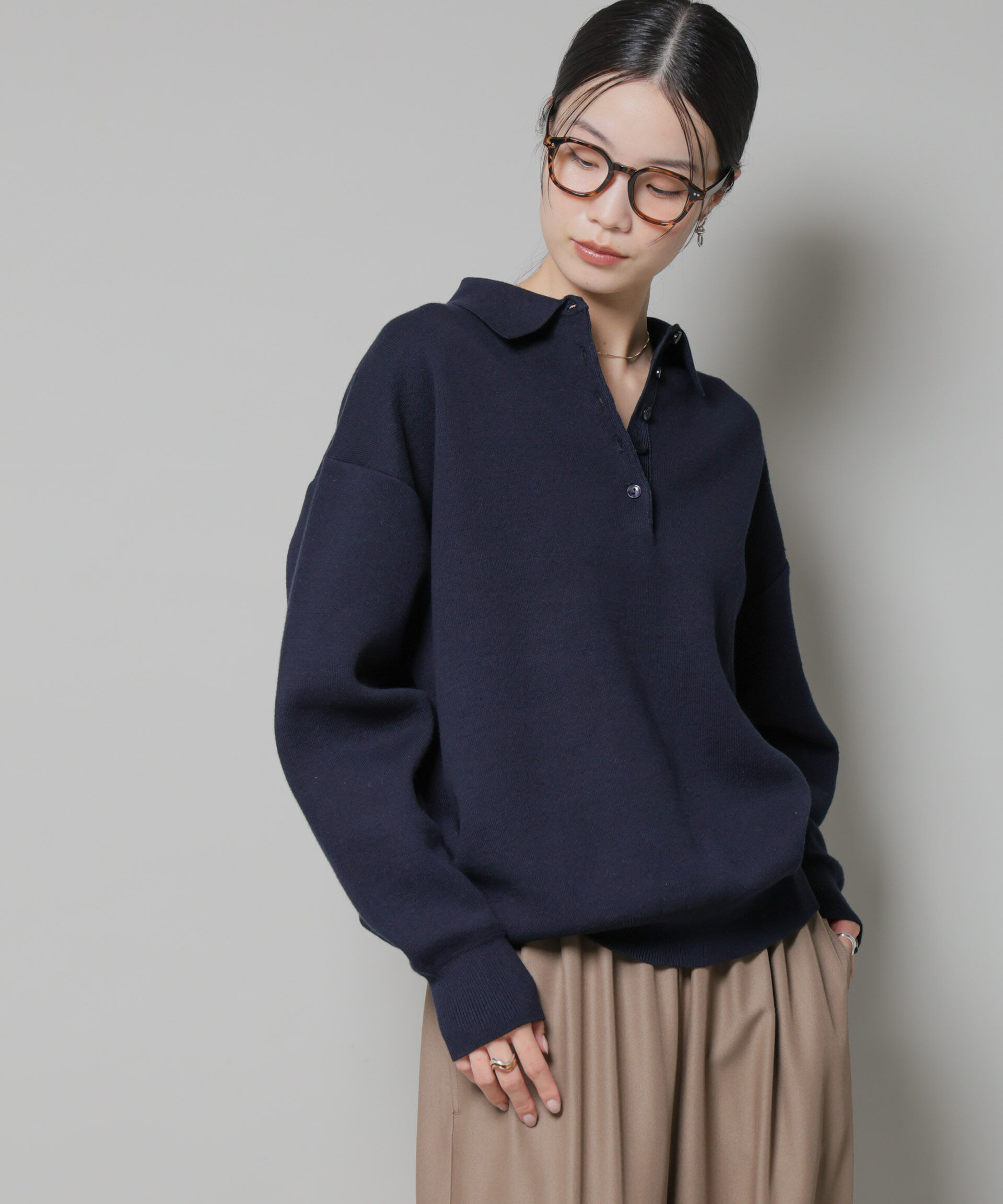 nano･universe「スウェットライク衿付きボタンニット」|ニット・セーター|ネイビー
