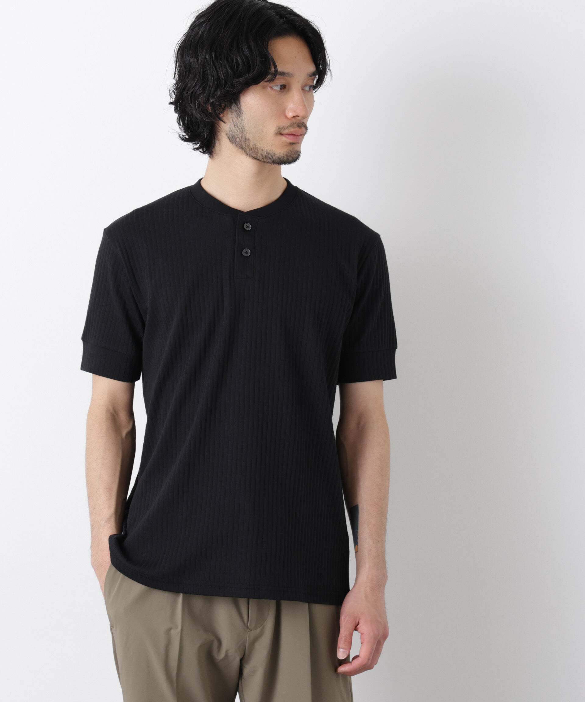 nano･universe「ワイドリブスタンダードヘンリーネックTシャツ 半袖」|Tシャツ・カットソー|ブラック