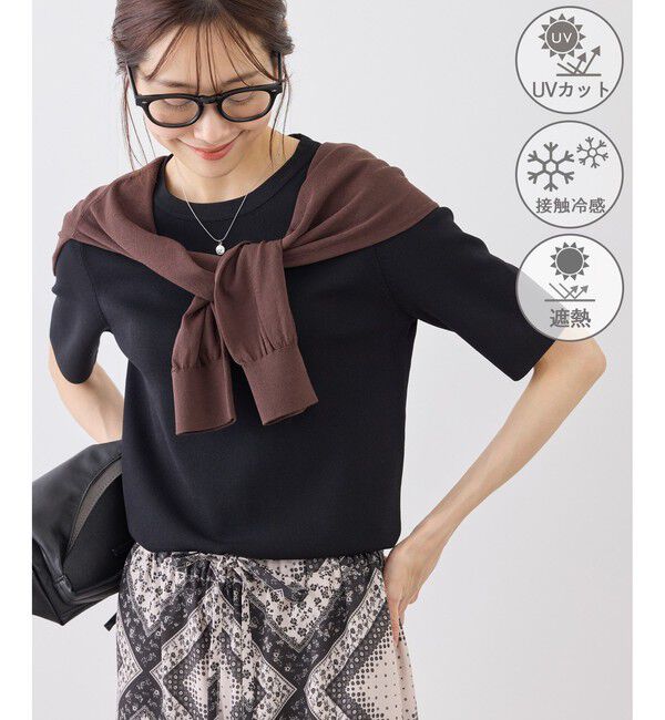 Rope&rsquo;Picnic「八方映えニット ハーフスリーブニット/UVカット・接触冷感・イージーケア」|ニット・セーター|ブラック(01)