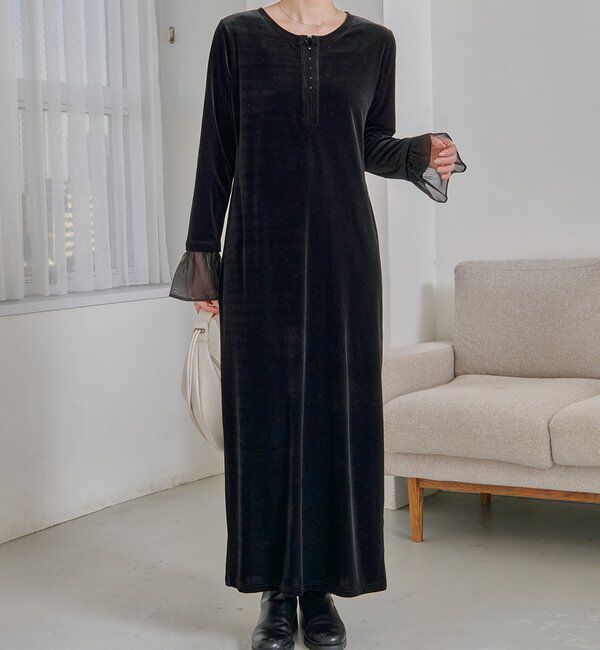  「【低身長サイズあり】フレアスリーブベロアワンピース」|ワンピース|