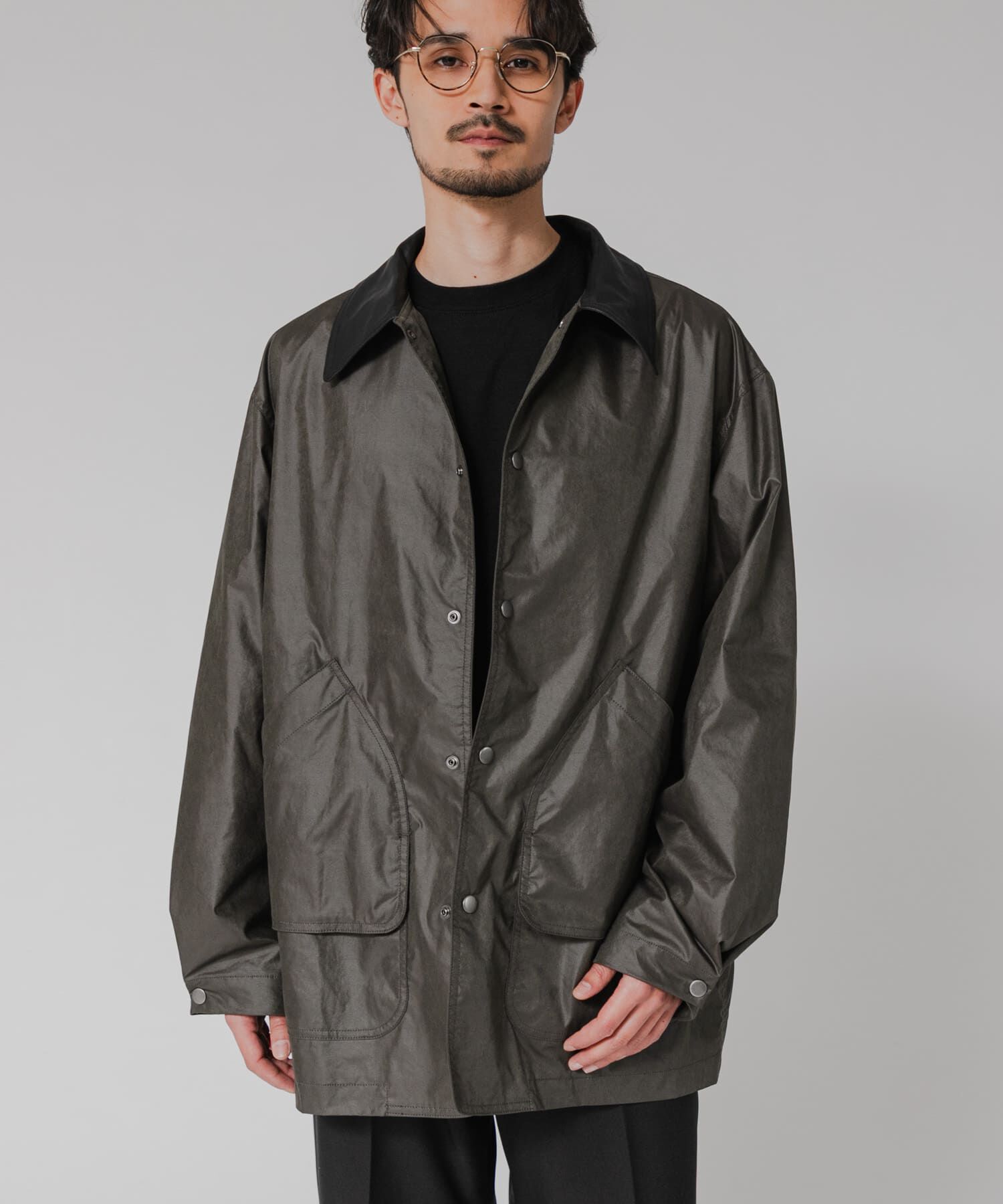 URBAN RESEARCH「NYLON HUNTING JACKET」|ノーカラーコート|カーキ