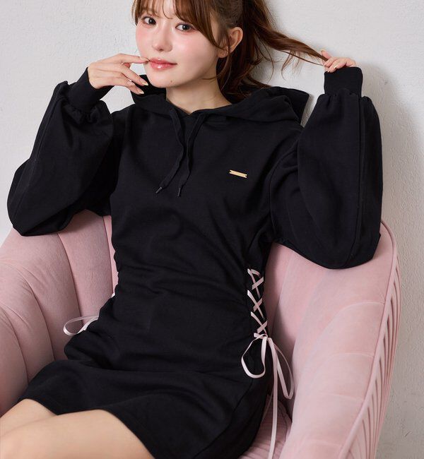  「サイドレースアップパーカーミニワンピース」|ワンピース|