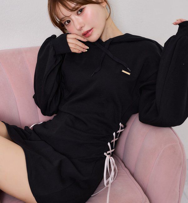  「サイドレースアップパーカーミニワンピース」|ワンピース|